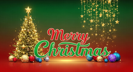 Naklejka premium Festive merry Christmas greeting with illuminated tree ornaments and shimmering lights celebrating holiday joy and winter season.