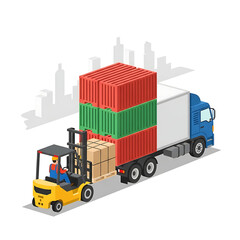 Naklejka premium Logistics and transportation concept with a forklift operator moving freight containers to a delivery truck for shipment