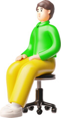 Man sits on an office chair, 3D vector cartoon smiling office employee character brown hair, green long sleeve side view