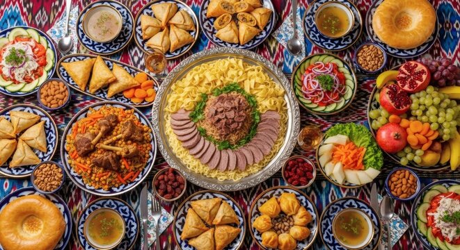Authentic Dastarkhan Celebration Table with Traditional Uzbek Cuisine