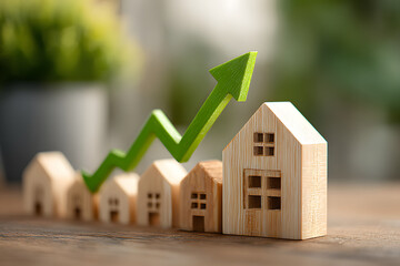 House model with wooden blocks and green arrow growing upward, concept of real estate investment, mortgage, property growth and success.