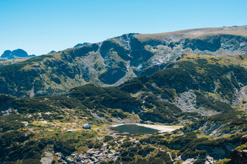 Mountain view of the Rila Mountains in Bulgaria. Seven Rila Lake hike. Eco trails. Connection with nature.