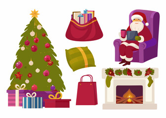 Christmas scene with santa claus decorated tree presents and fireplace