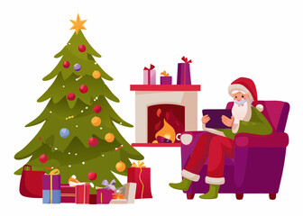 Santa claus relaxing by the fireplace and christmas tree with a tablet