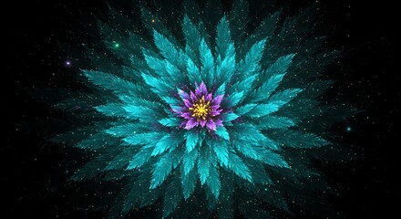 A vibrant, symmetrical flower with teal and purple petals radiating outward against a starry black background.