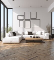 Fototapeta premium A modern living room with a herringbone wooden floor, white sectional sofa, and framed art pieces displays a bright and airy aesthetic.