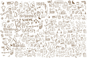 doodle art business hand drawn vector simple. with flowchart, statistic and element component business, with brown color and white background
