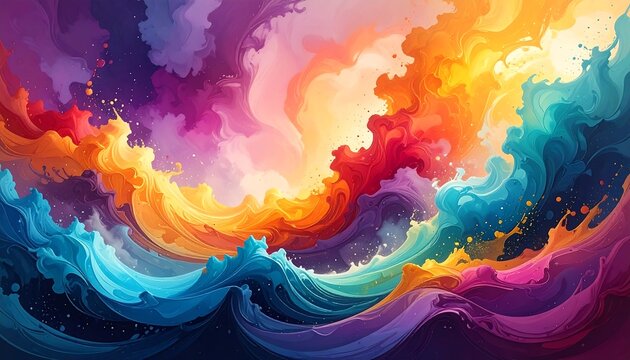 A vibrant digital artwork features swirling, colorful waves with hues of purple, blue, orange, and yellow. The style is abstract and fluid