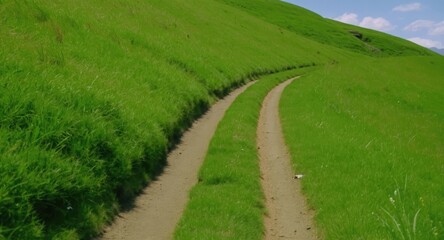 Winding dirt path through lush green hillside