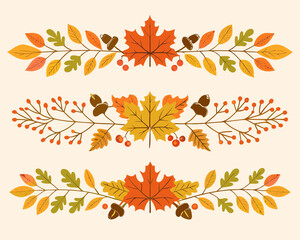 Autumn leaf and acorn borders with berries and branches
