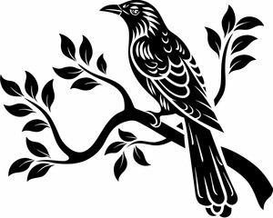 Obraz premium Stylized black bird perched on a branch with leaves