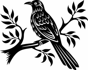 Obraz premium Stylized black bird perched on a branch with leaves