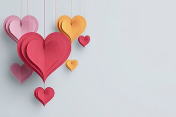 Colorful Paper Hearts Hanging Decorations on White Background for Love Romantic Holiday