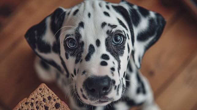 Adorable Dalmatian puppy with black spots looking up eagerly at biscuit treat on wooden floor in warm cozy close-up indoor perspective