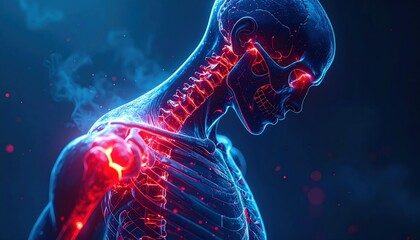 Human skeleton with shoulder pain