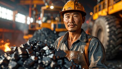 Factory worker holds coal