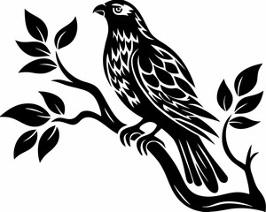 Stylized black silhouette of a hawk perched on a tree branch with leaves