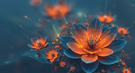 Vibrant orange and blue flowers glowing with light in a dreamlike underwater scene