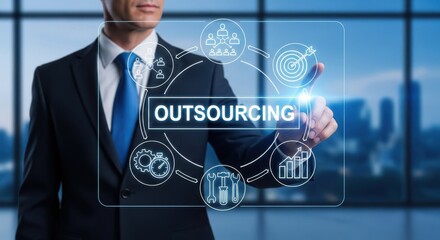 Businessman Selecting Outsourcing Services on Digital Screen