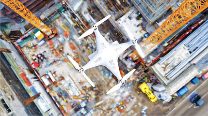 Obraz premium Drone flying over a construction site with cranes and building materials