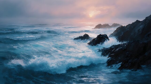 Ocean waves crash against rocky cliffs at sunset under a misty sky - Powered by Adobe