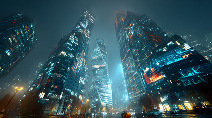 Urban skyline view with economic data overlay, showcasing modern architecture and city lights