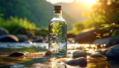Clear bottle with plant in stream sunlight