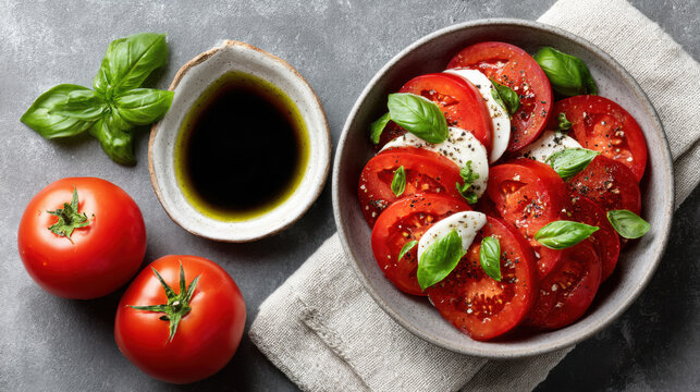 Fresh tomatoes and mozzarella cheese arranged in a bowl with basil leaves, drizzled with olive oil, showcasing a vibrant and appetizing salad presentation for culinary enthusiasts