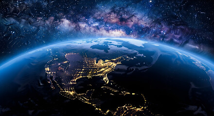 Obraz premium Glowing earth from space with milky way galaxy and city lights