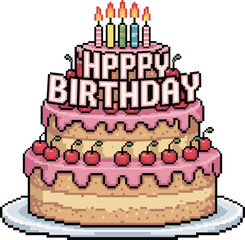 Pixel art birthday cake, happy birthday text, candles, cherries, pink frosting, retro style, celebration dessert, vector illustration, party design