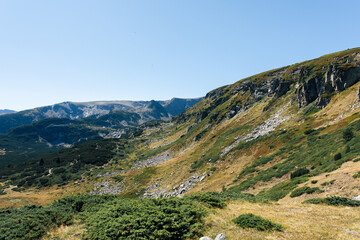 Naklejka premium Mountain view of the Rila Mountains in Bulgaria. Seven Rila Lake hike. Eco trails. Connection with nature.