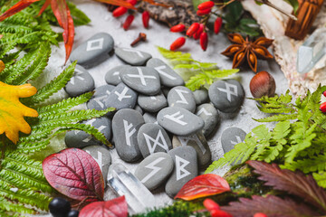 Runes on stones among autumn leaves