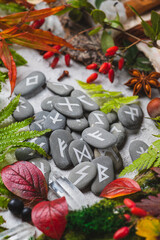 Runes on stones among autumn leaves