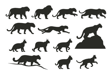 Fototapeta premium A black vector silhouette set of wild animals, including a running panther, leopard, cheetah, tiger, big cat, wild animal, predator, silhouette, black and white, minimalist, vector graphics