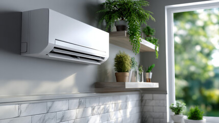 Modern white air conditioner on clean wall ensuring home comfort. ductless system provides cool, fresh air in stylish interior with green plant decor for tranquil feeling
