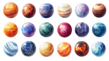 Set of glowing fantasy planet spheres
