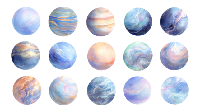 Set of glowing fantasy planet spheres