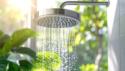 A modern showerhead cascades water. Sunlight streams through foliage, illuminating the droplets and creating a refreshing, clean atmosphere