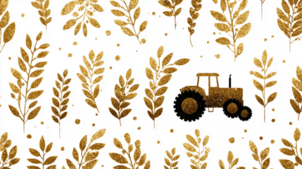 Golden farm pattern with leaves wheat and tractor