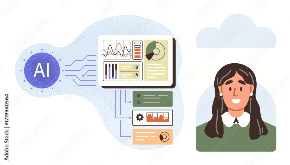 Wall mural ai system connected to analytic dashboards with charts, graphs, and a smiling professional. ideal fo