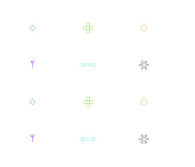 Health and wellness multipack illustration set with 12 flat vector designs including hearts, medical crosses, apples for nutrition, yoga poses, dumbbells for fitness, and mindfulness lotus symbols