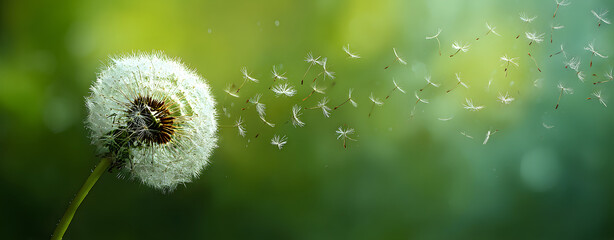 A close-up macro shot of a dandelion seed head with seeds being blown away on a blurred green background