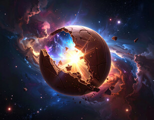 Cosmic planet core explosion cracked sphere glowing energy nebula space debris dramatic light sci fi surreal