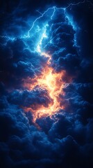 Obraz premium Dramatic Storm Clouds with Orange Glow and Electric Blue Lightning Streaks Above