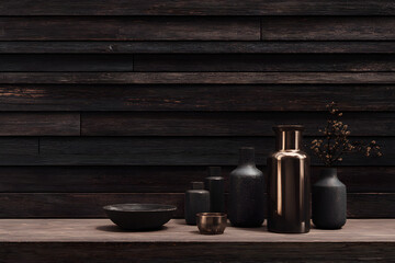 old wine bottle and glass Horizontal Wooden Panel Wall in Dark Background