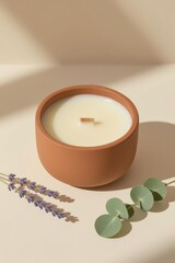 Close-up of an aromatic candle and petals of wild herbs on a light background