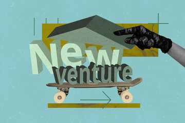 Zine banner full photo collage of human hand point letters new venture project startup establishing...