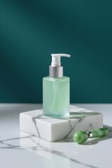 A massage spray and a jade massager resting on a marble pedestal