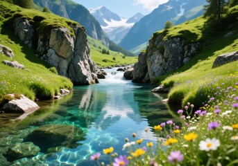 Alpine river between cliffs, meadows and wildflowers around