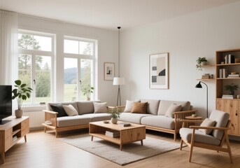 Scandinavian living room with large windows, natural wood, clean lines, and cozy furniture